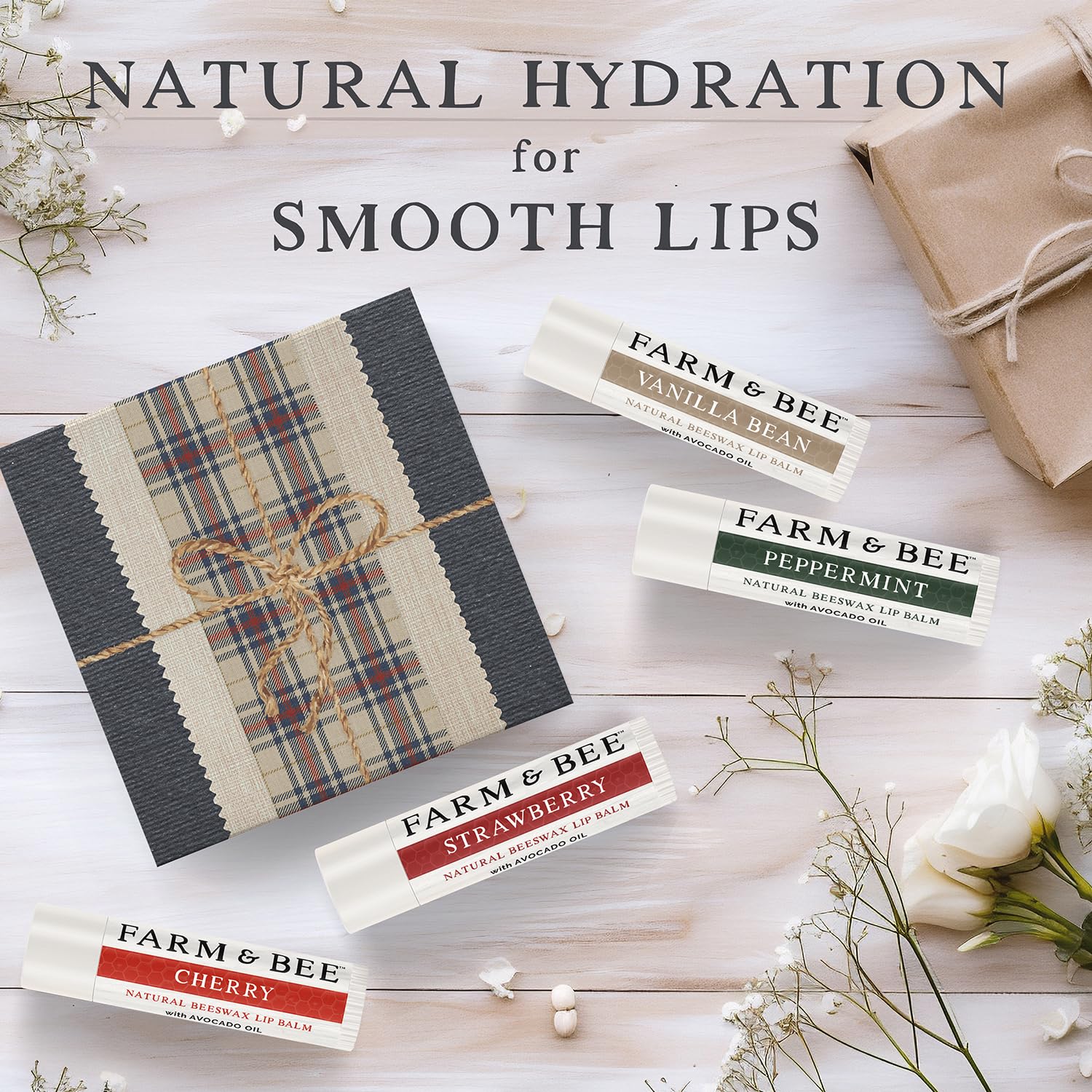 Farm & Bee Natural Lip Balm – 4 Pack Organic Moisturizing Lip Care