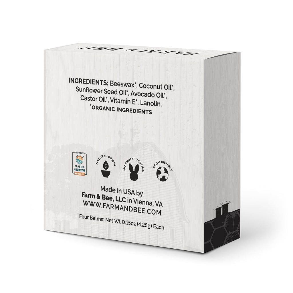 Farm & Bee Natural Lip Balm – Organic Beeswax-Based, Unscented (Pack of 4)