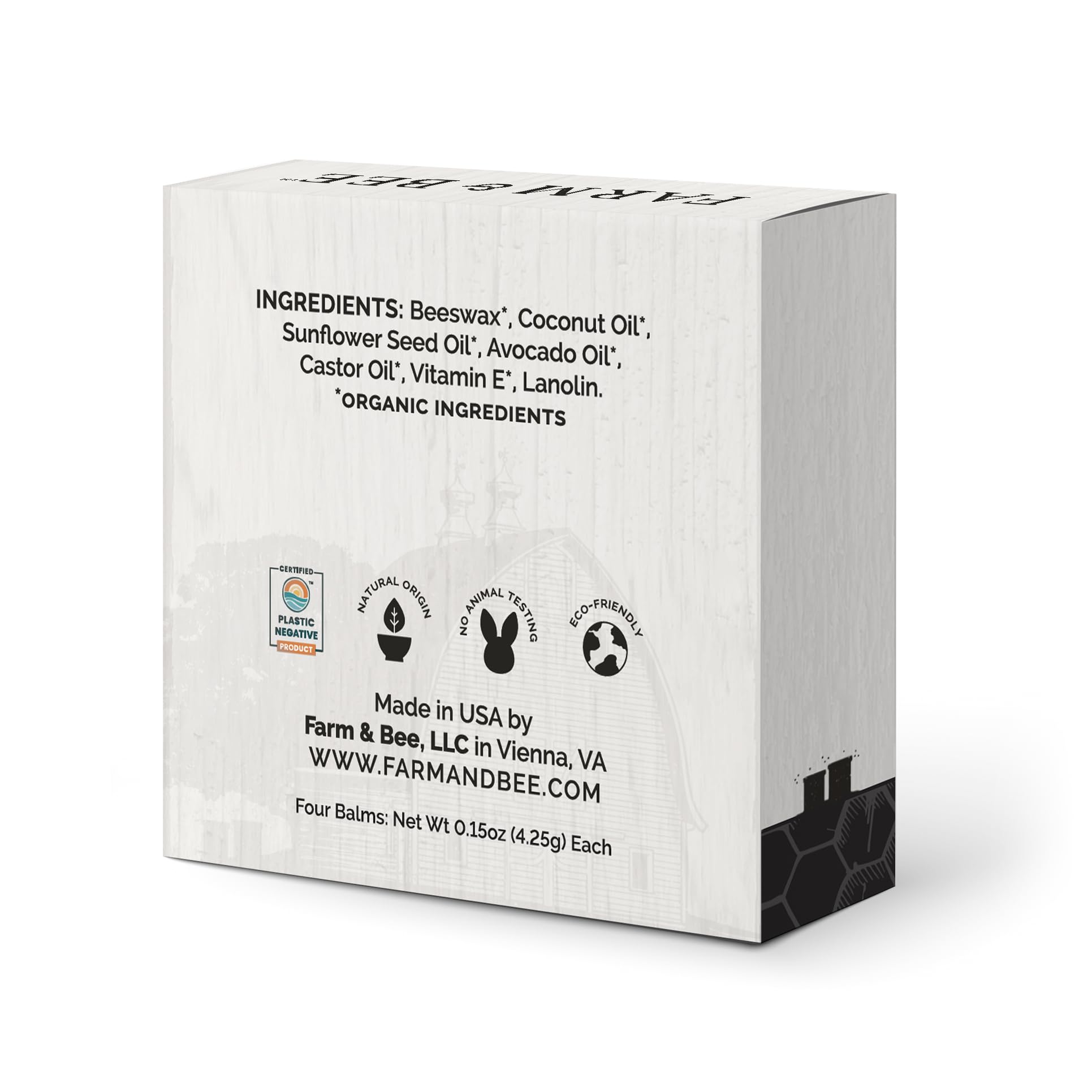 Farm & Bee Natural Lip Balm – Organic Beeswax-Based, Unscented (Pack of 4)