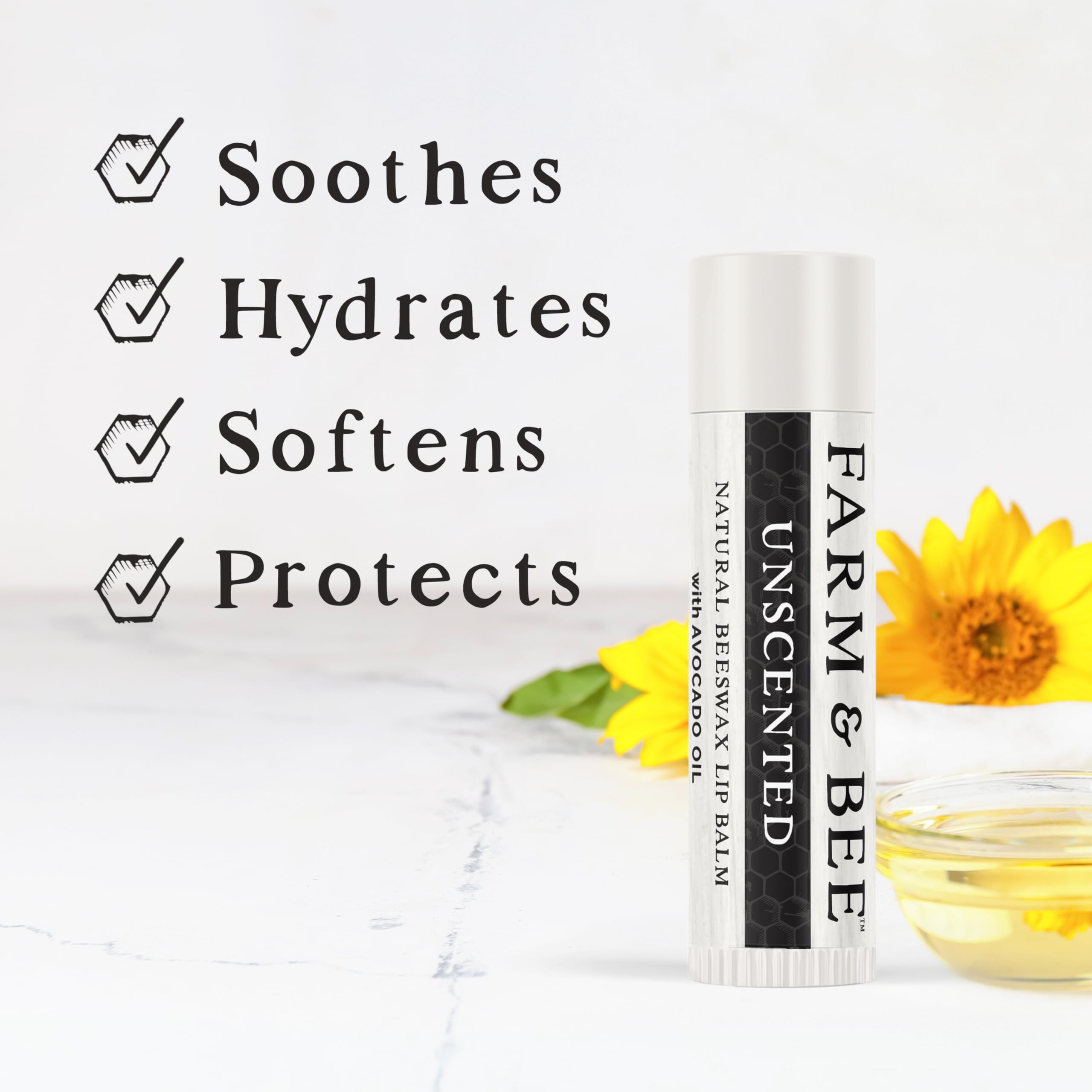 Farm & Bee Natural Lip Balm – Organic Beeswax-Based, Unscented (Pack of 4)