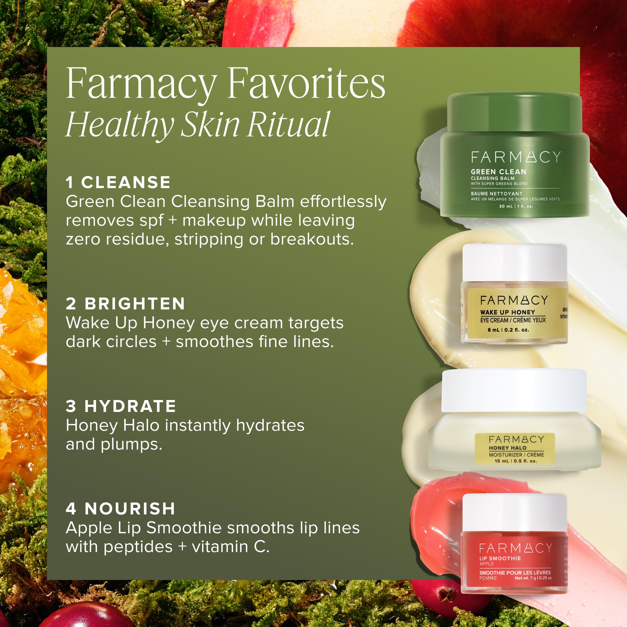 Farmacy Favorites Travel-Size Skincare Set | Green Clean Balm, Wake Up Honey Eye Cream, Honey Halo Moisturizer & Lip Smoothie
