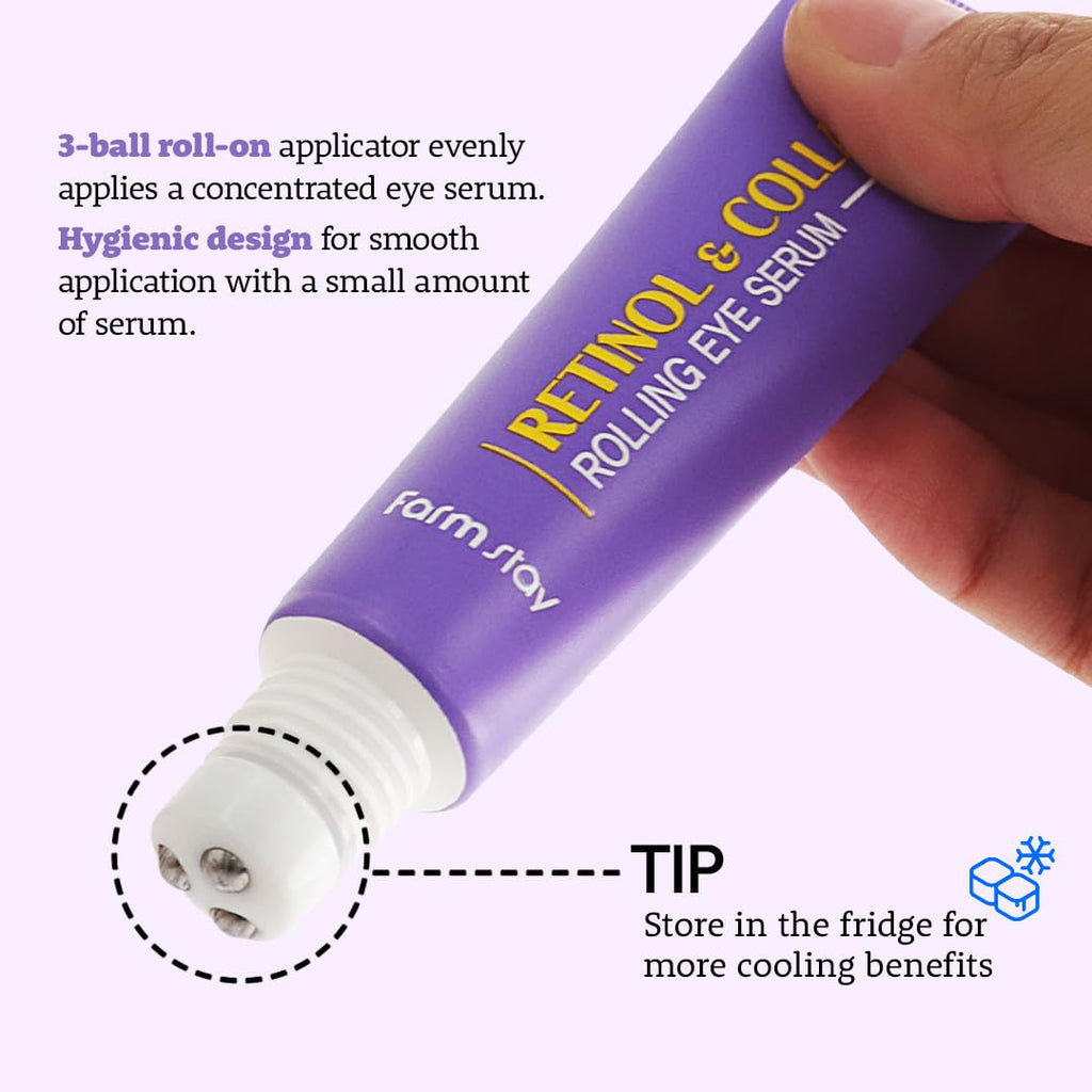 Farmstay Retinol Roll-On Eye Serum with 2% Niacinamide & Collagen – Hydrating Korean Eye Roller for Dark Circles & Puffiness