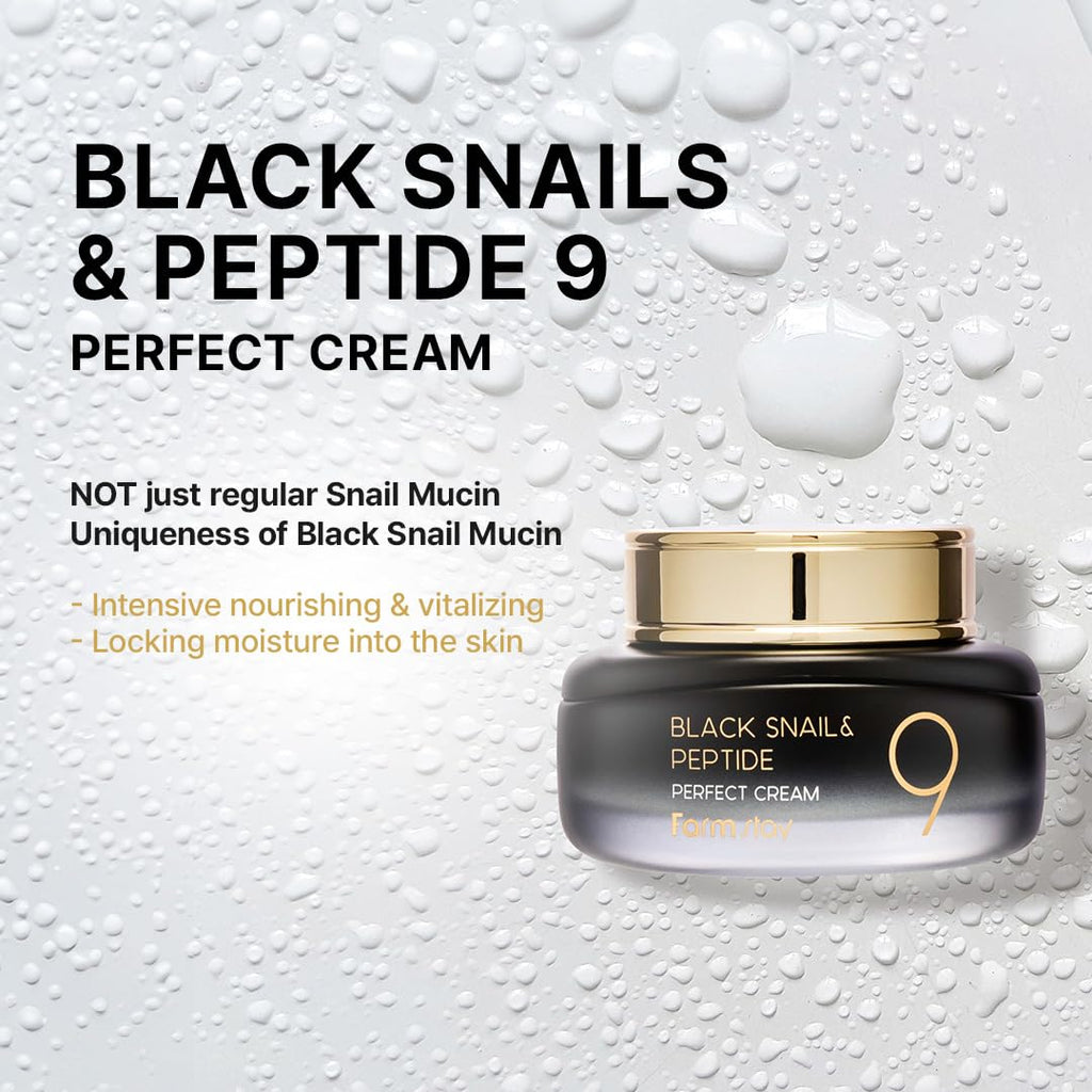 FARMSTAY Black Snail & Peptide 9 Perfect Cream – Hydration, Elasticity & Glow, 1.85 Fl Oz