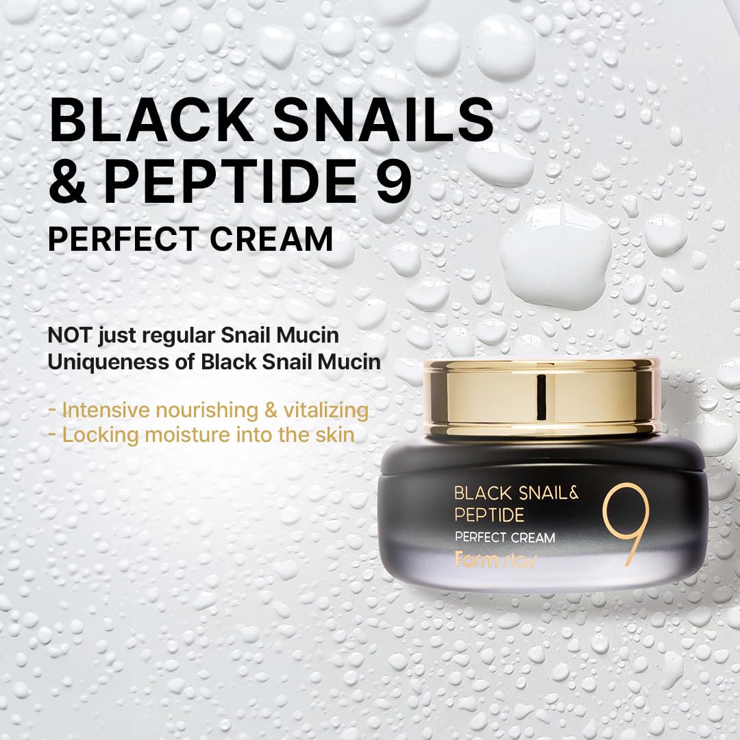 FARMSTAY Black Snail & Peptide 9 Perfect Cream – Hydration, Elasticity & Glow, 1.85 Fl Oz