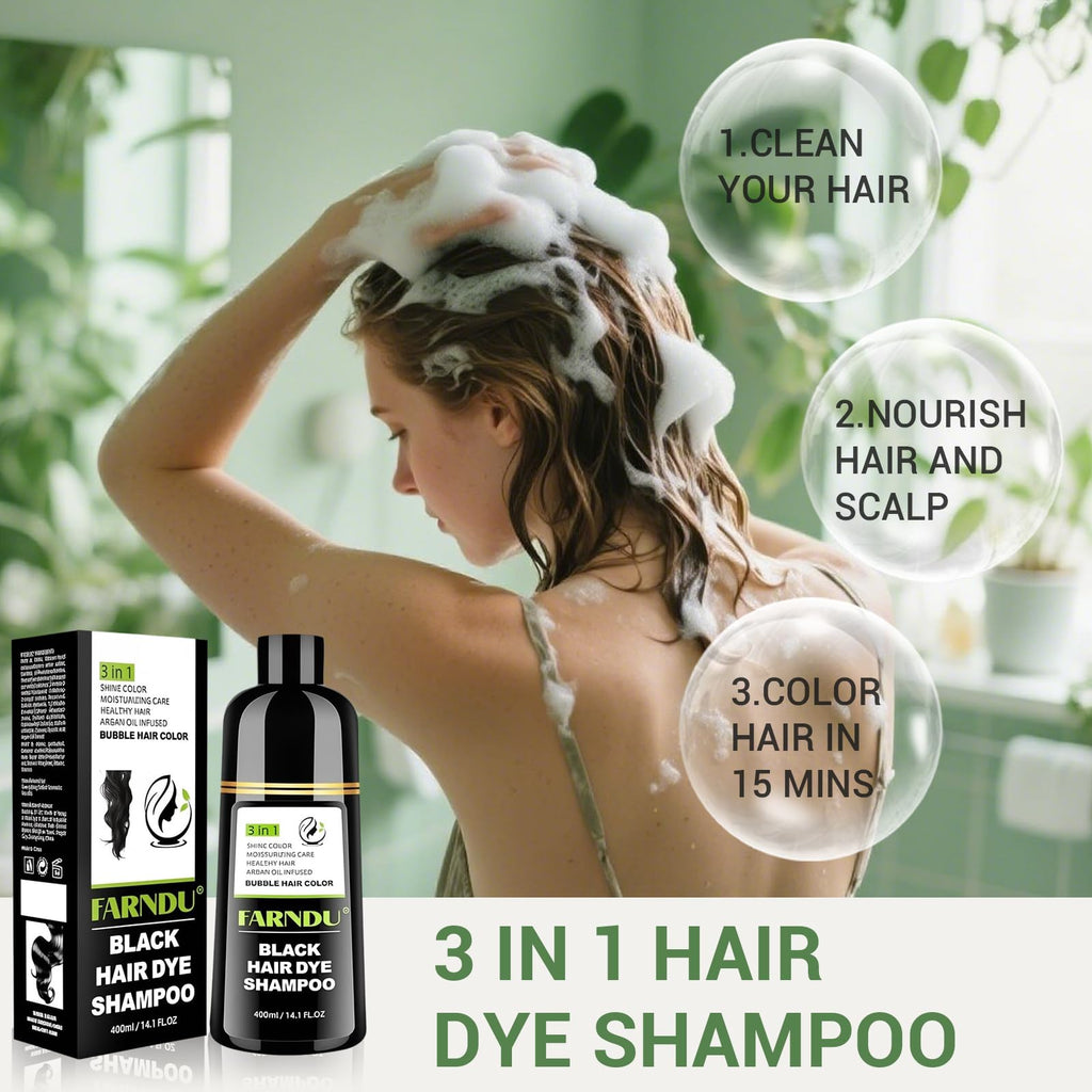 Farndu Black Hair Dye Shampoo - 3-in-1 Color, Cleanse & Condition for Gray Hair