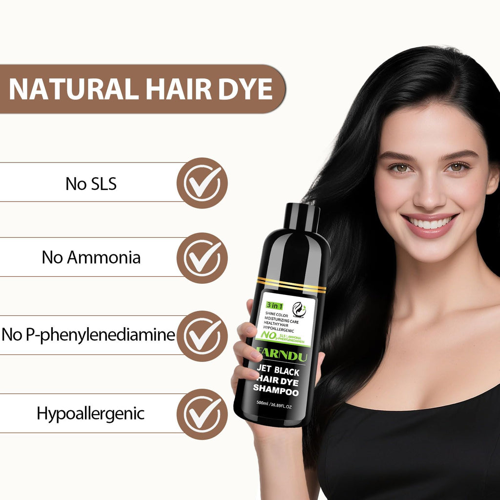 Farndu Jet Black Hair Dye Shampoo – Ammonia-free, PPD-free, 100% Gray Coverage