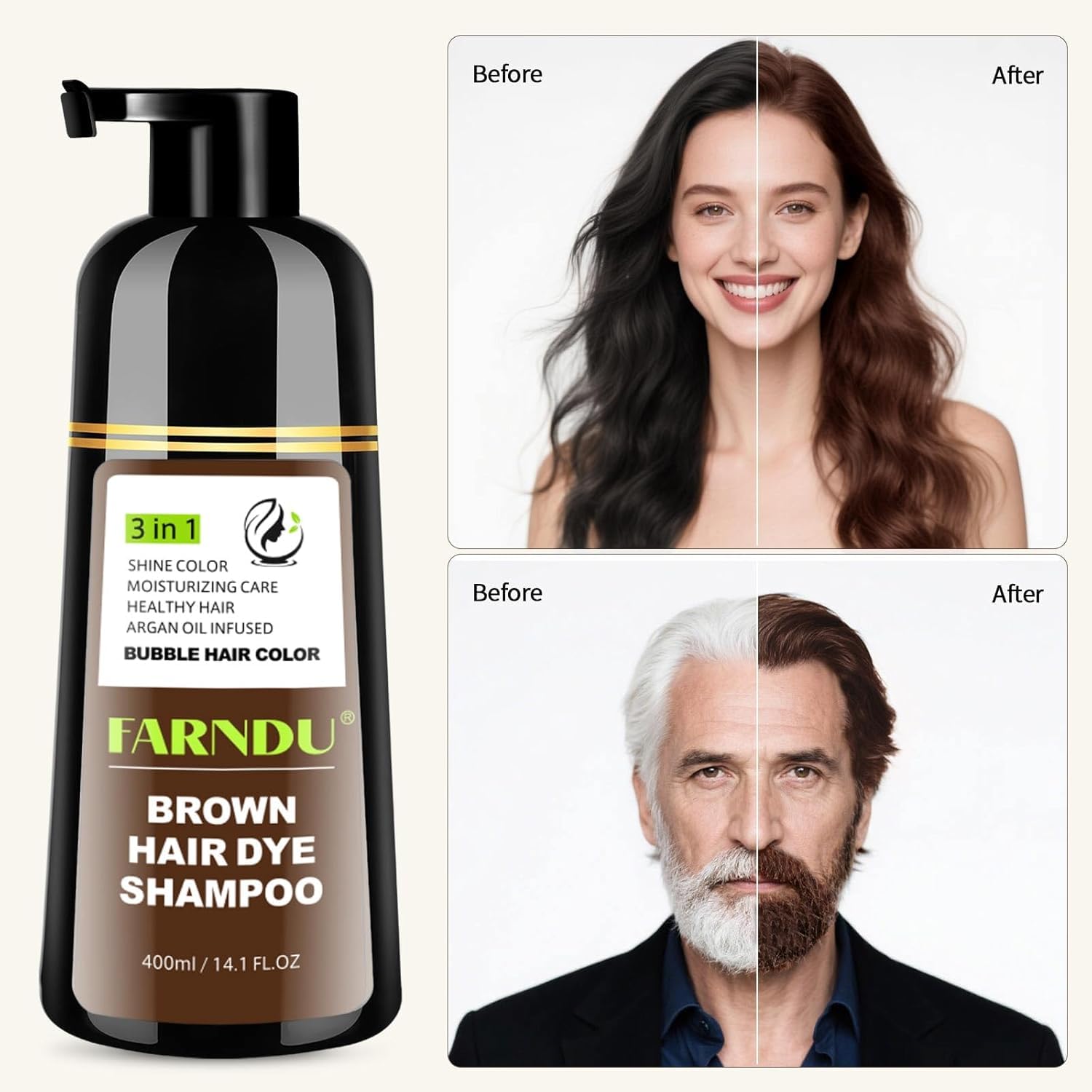 Farndu Brown Hair Dye Shampoo – 3-in-1 Color & Gray Coverage