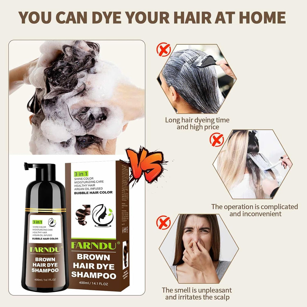 Farndu Brown Hair Dye Shampoo – 3-in-1 Color & Gray Coverage