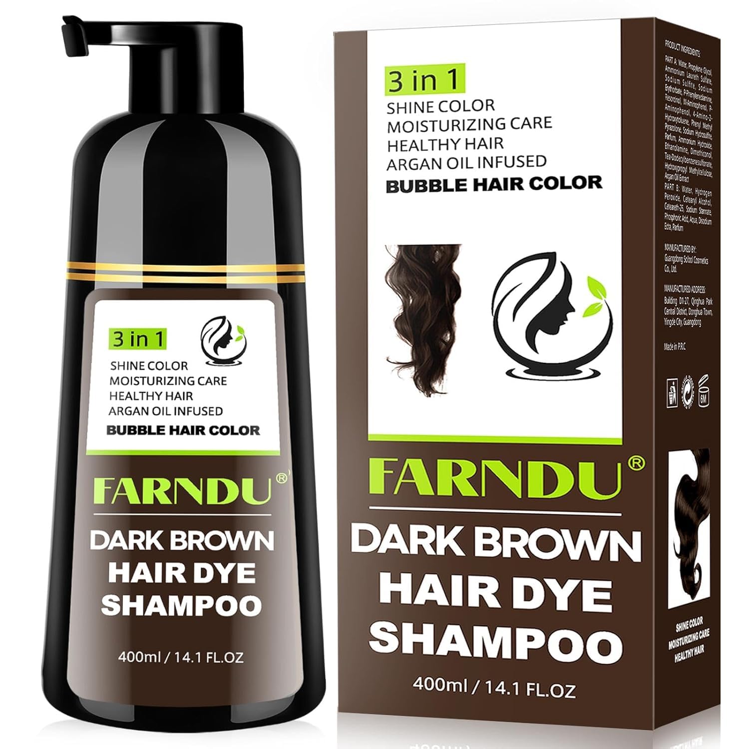 Farndu Dark Brown Hair Dye Shampoo 3-in-1 – 15 Min Gray Coverage, Herbal Semi-Permanent Color