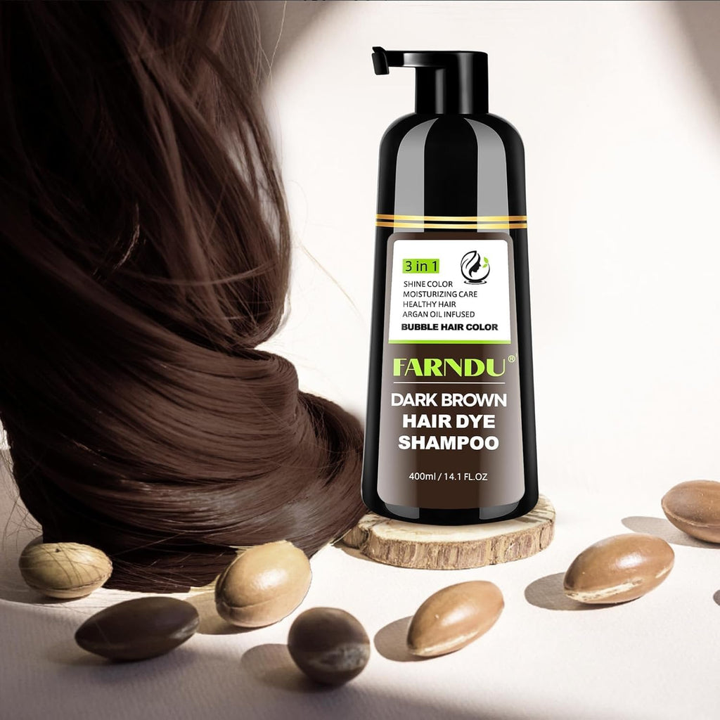 Farndu Dark Brown Hair Dye Shampoo 3-in-1 – 15 Min Gray Coverage, Herbal Semi-Permanent Color