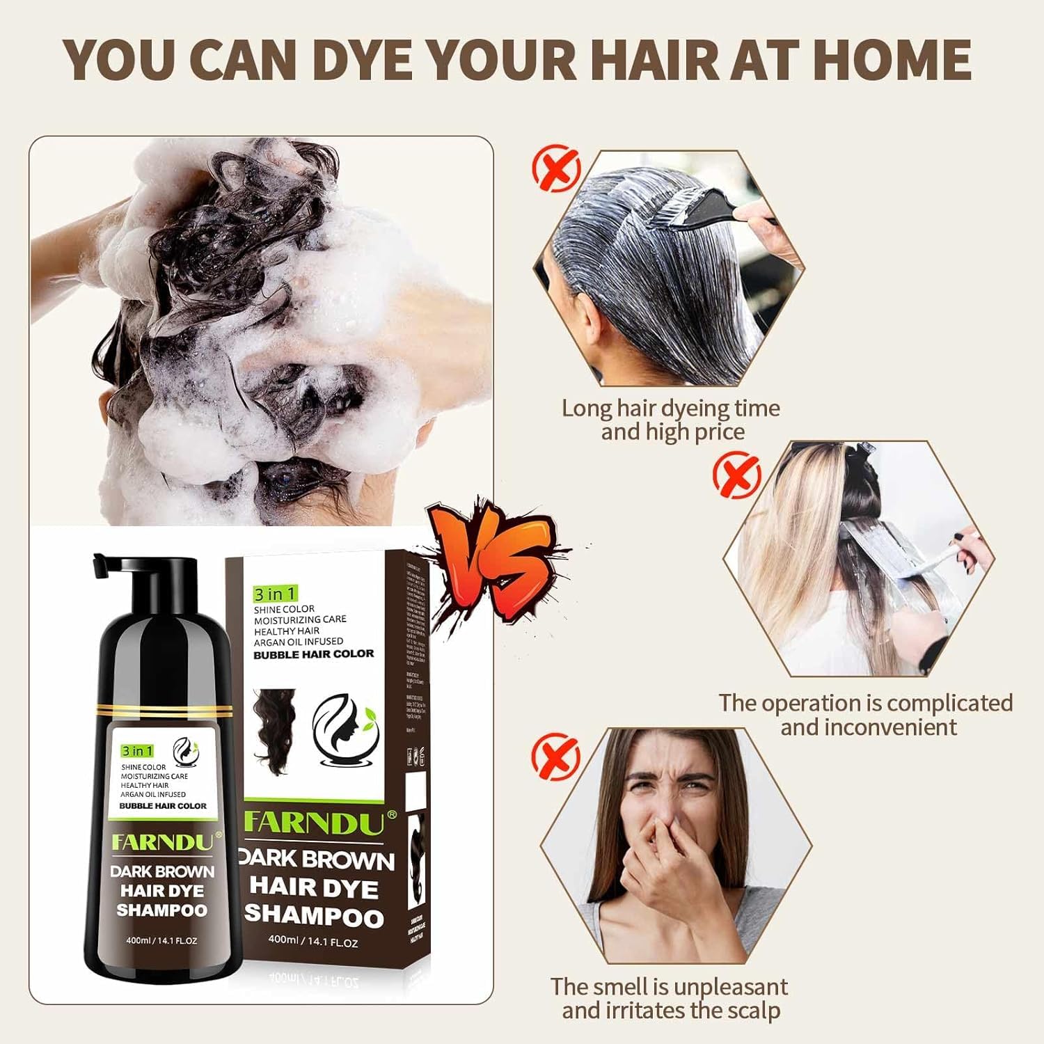 Farndu Dark Brown Hair Dye Shampoo 3-in-1 – 15 Min Gray Coverage, Herbal Semi-Permanent Color