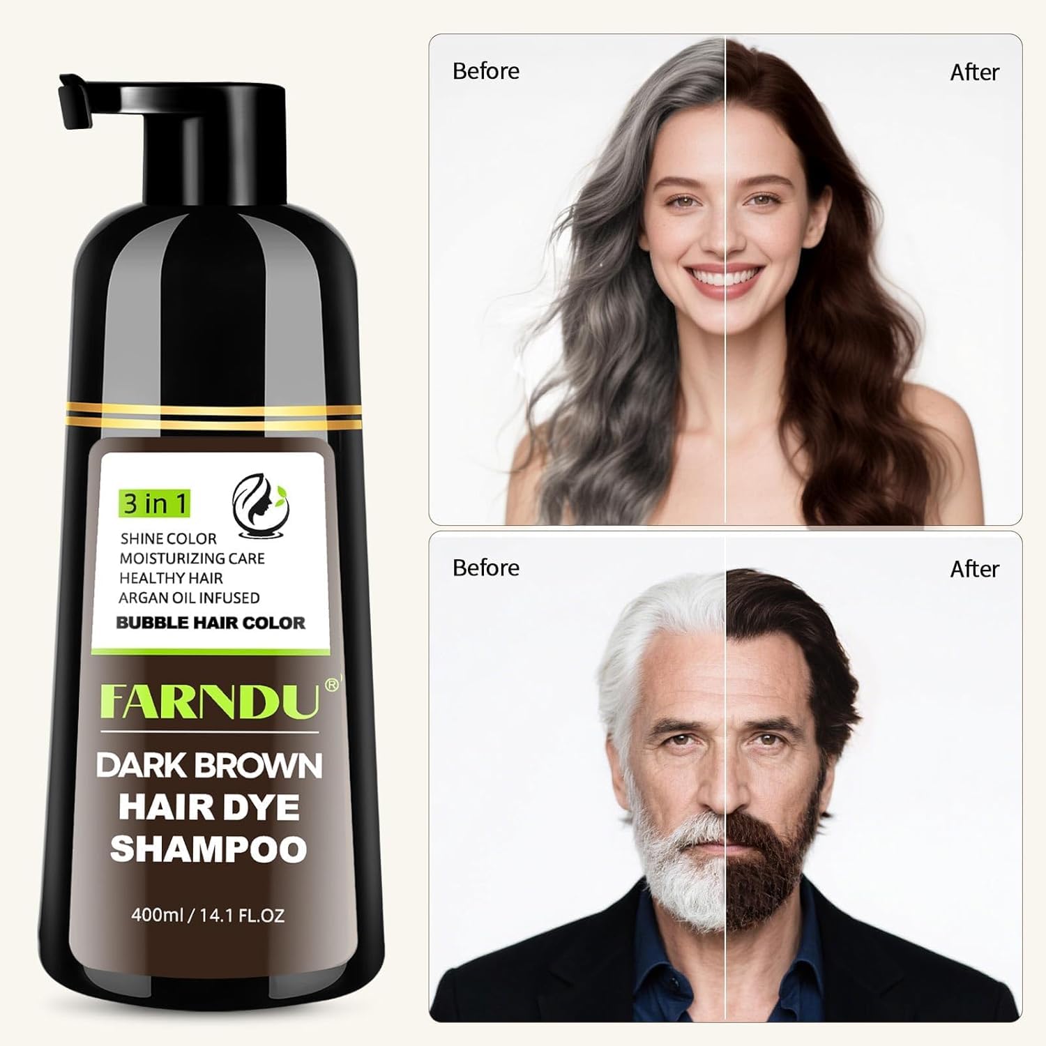 Farndu Dark Brown Hair Dye Shampoo 3-in-1 – 15 Min Gray Coverage, Herbal Semi-Permanent Color