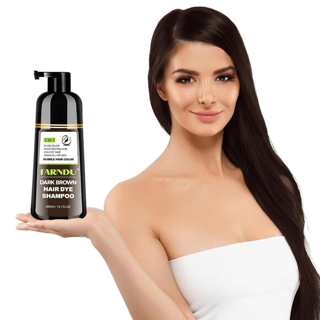Farndu Dark Brown Hair Dye Shampoo 3-in-1 – 15 Min Gray Coverage, Herbal Semi-Permanent Color