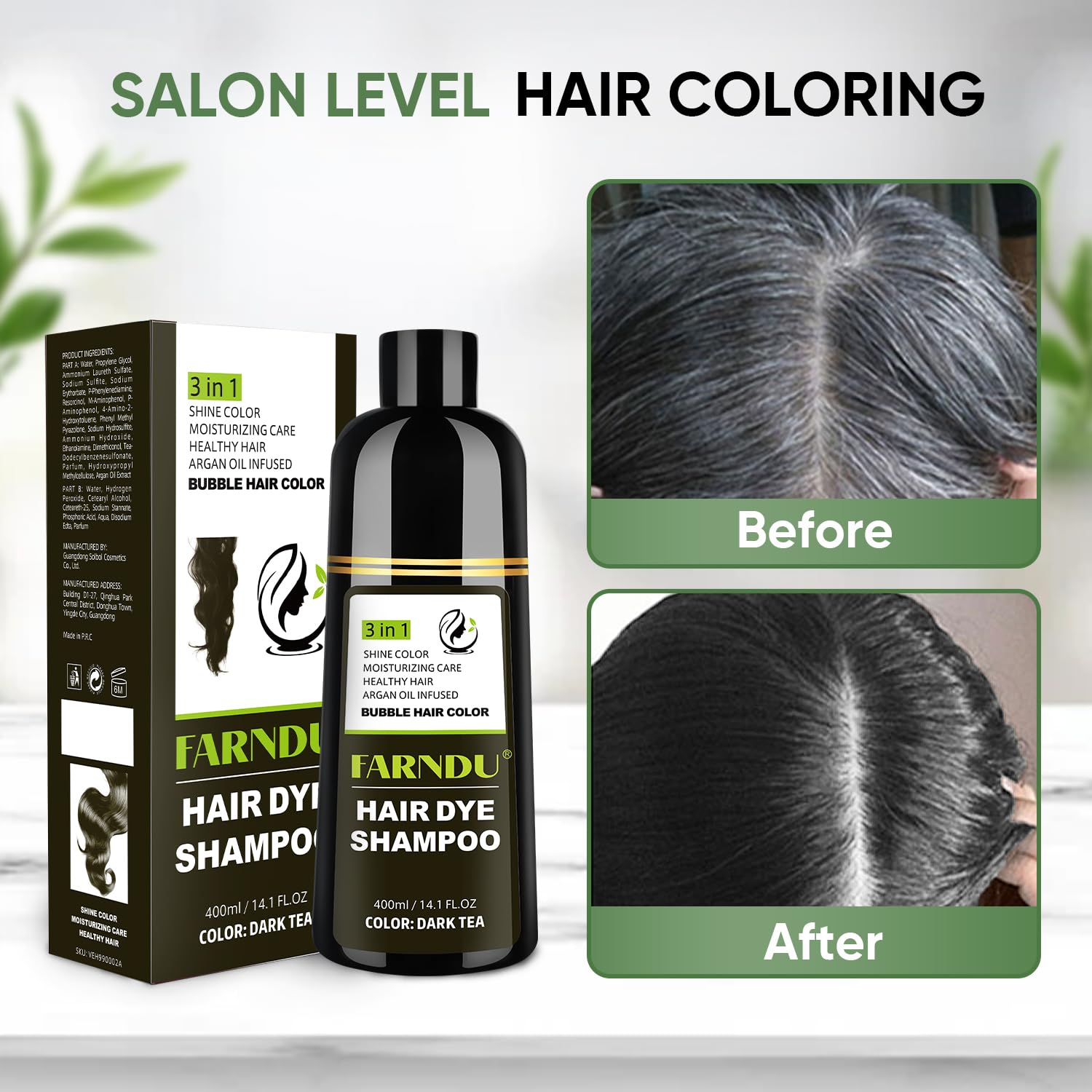 Farndu Dark Tea Hair Dye Shampoo – 3-in-1 Natural Gray Coverage