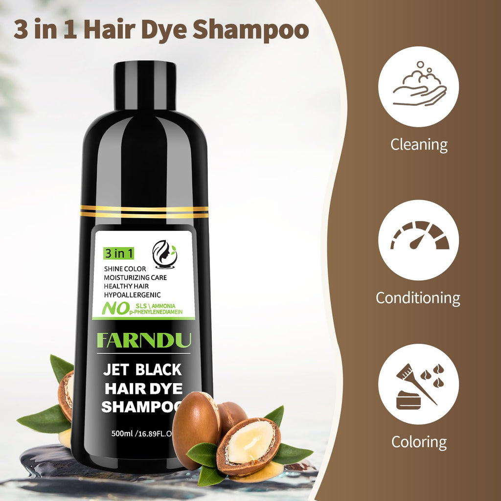 Farndu Jet Black Hair Dye Shampoo – Ammonia-free, PPD-free, 100% Gray Coverage