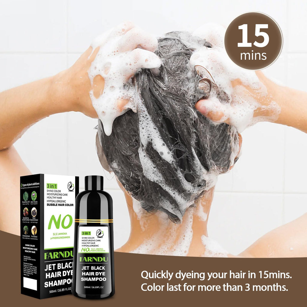 Farndu Jet Black Hair Dye Shampoo – Ammonia-free, PPD-free, 100% Gray Coverage