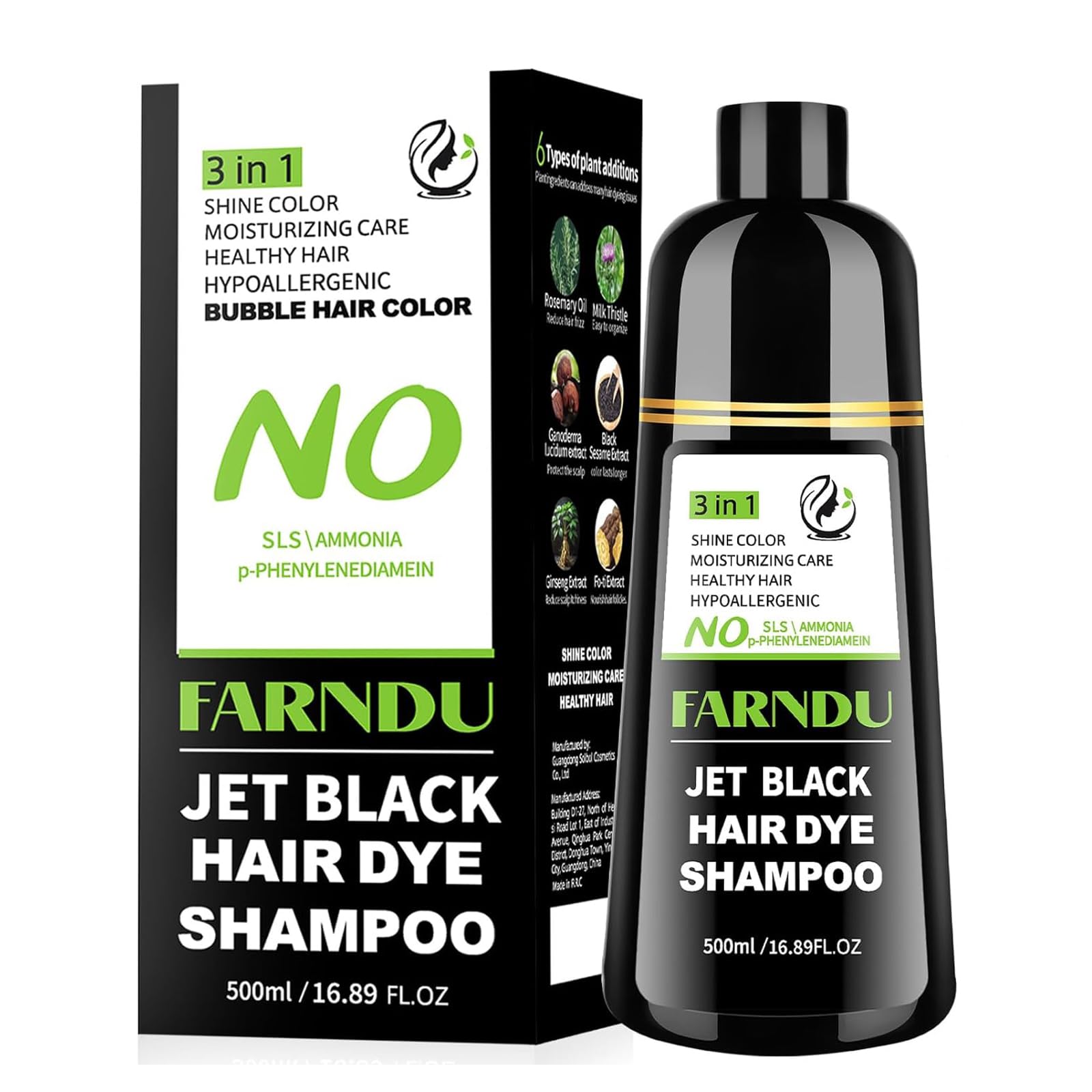 Farndu Jet Black Hair Dye Shampoo – Ammonia-free, PPD-free, 100% Gray Coverage