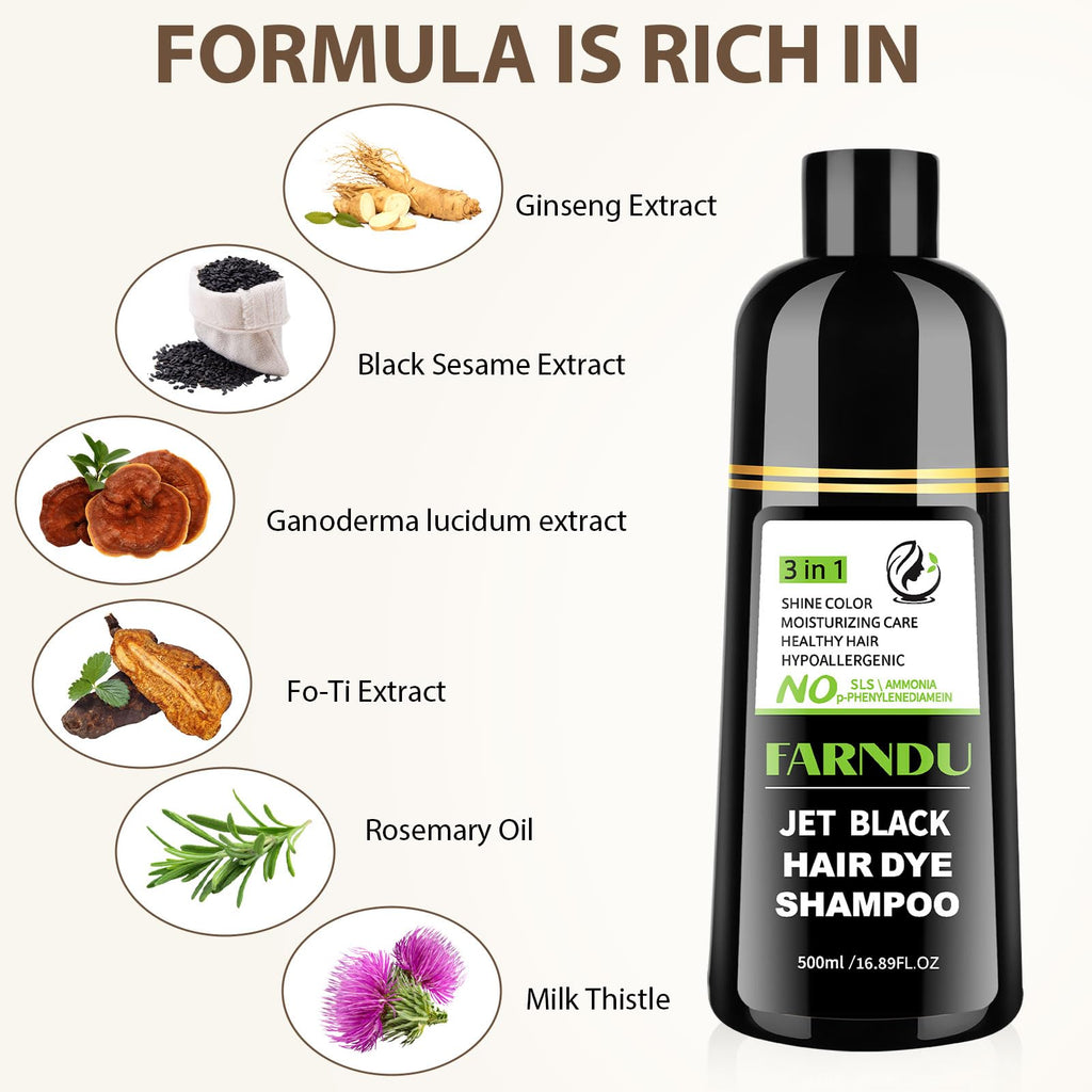 Farndu Jet Black Hair Dye Shampoo – Ammonia-free, PPD-free, 100% Gray Coverage