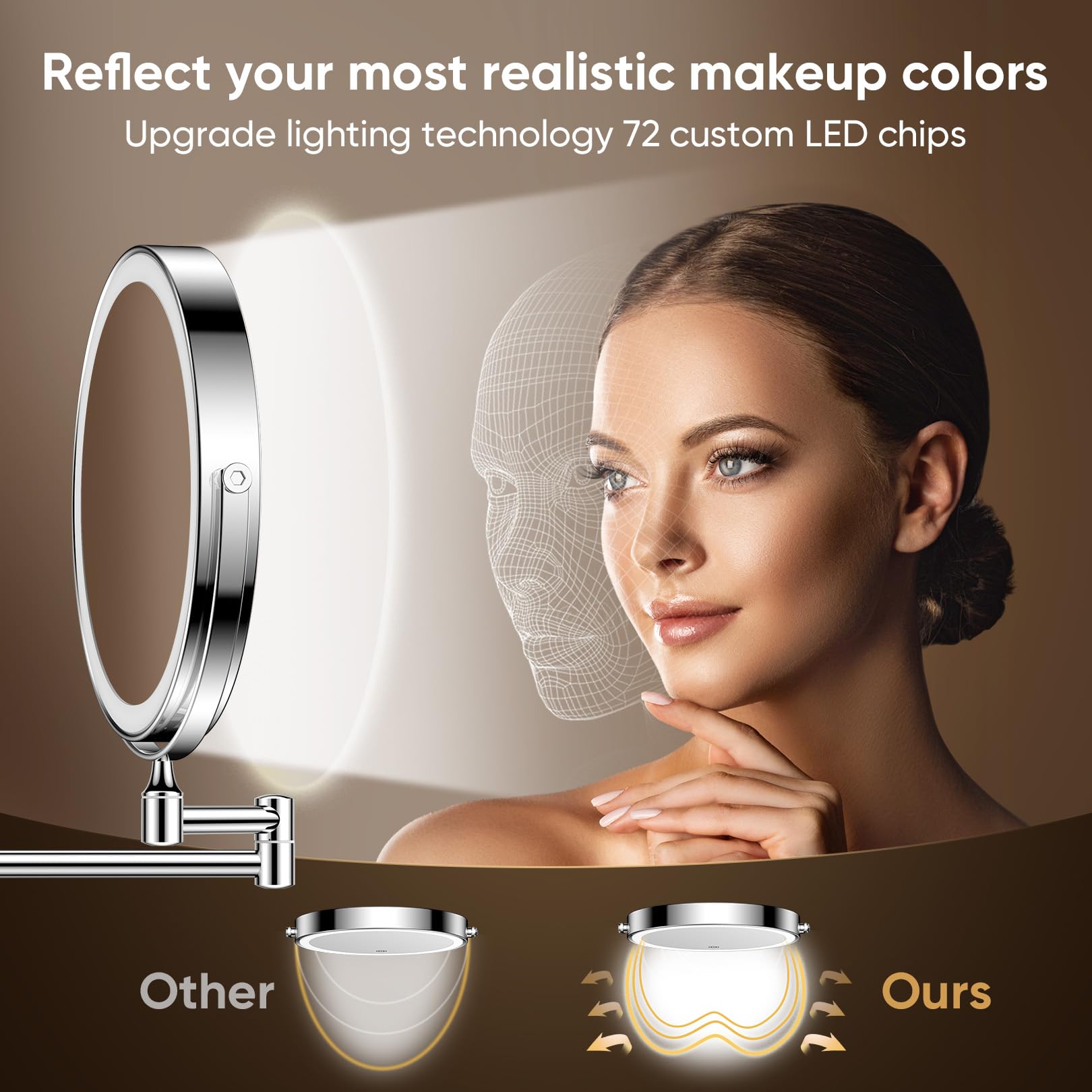 FASCINATE 8-Inch Rechargeable Chrome Wall-Mounted Makeup Mirror | 1X-10X Magnification, 3 Color Lights, 360° Rotation