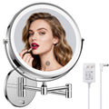 FASCINATE 8-Inch Rechargeable Chrome Wall-Mounted Makeup Mirror | 1X-10X Magnification, 3 Color Lights, 360° Rotation