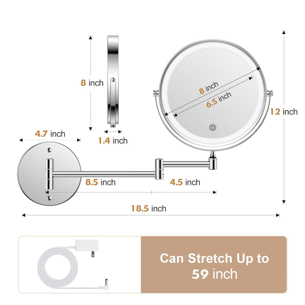 FASCINATE 8-Inch Rechargeable Chrome Wall-Mounted Makeup Mirror | 1X-10X Magnification, 3 Color Lights, 360° Rotation
