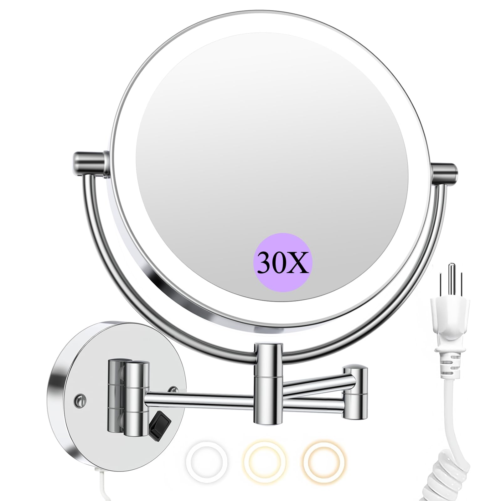 FASCINATE Wall Mounted Lighted Makeup Mirror — 30X/1X Magnification, 3 Color Modes, Dimmable, 360° Swivel