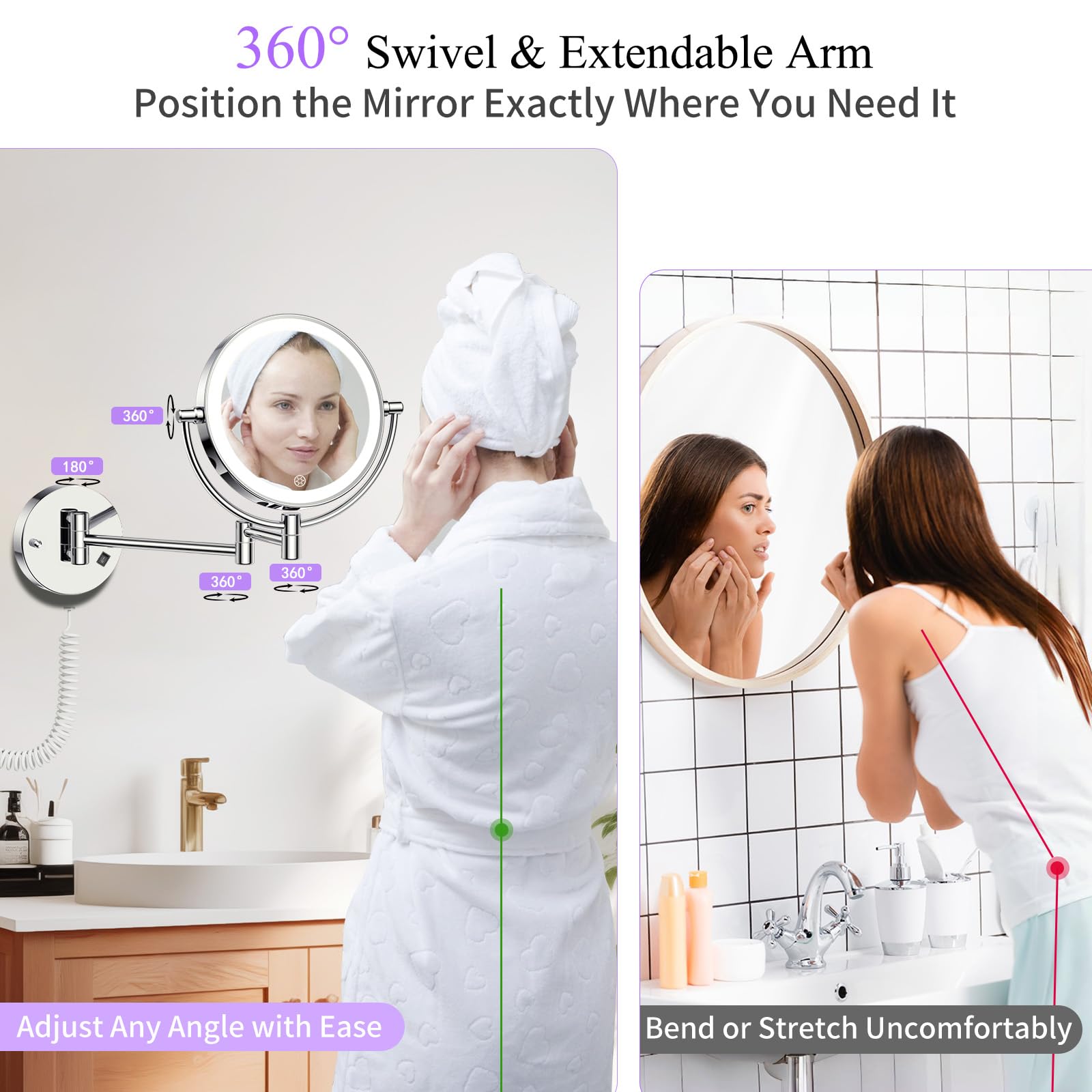 FASCINATE Wall Mounted Lighted Makeup Mirror — 30X/1X Magnification, 3 Color Modes, Dimmable, 360° Swivel