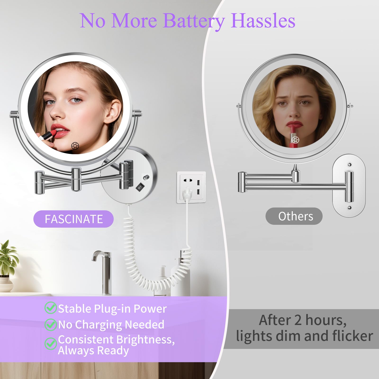 FASCINATE Wall Mounted Lighted Makeup Mirror — 30X/1X Magnification, 3 Color Modes, Dimmable, 360° Swivel