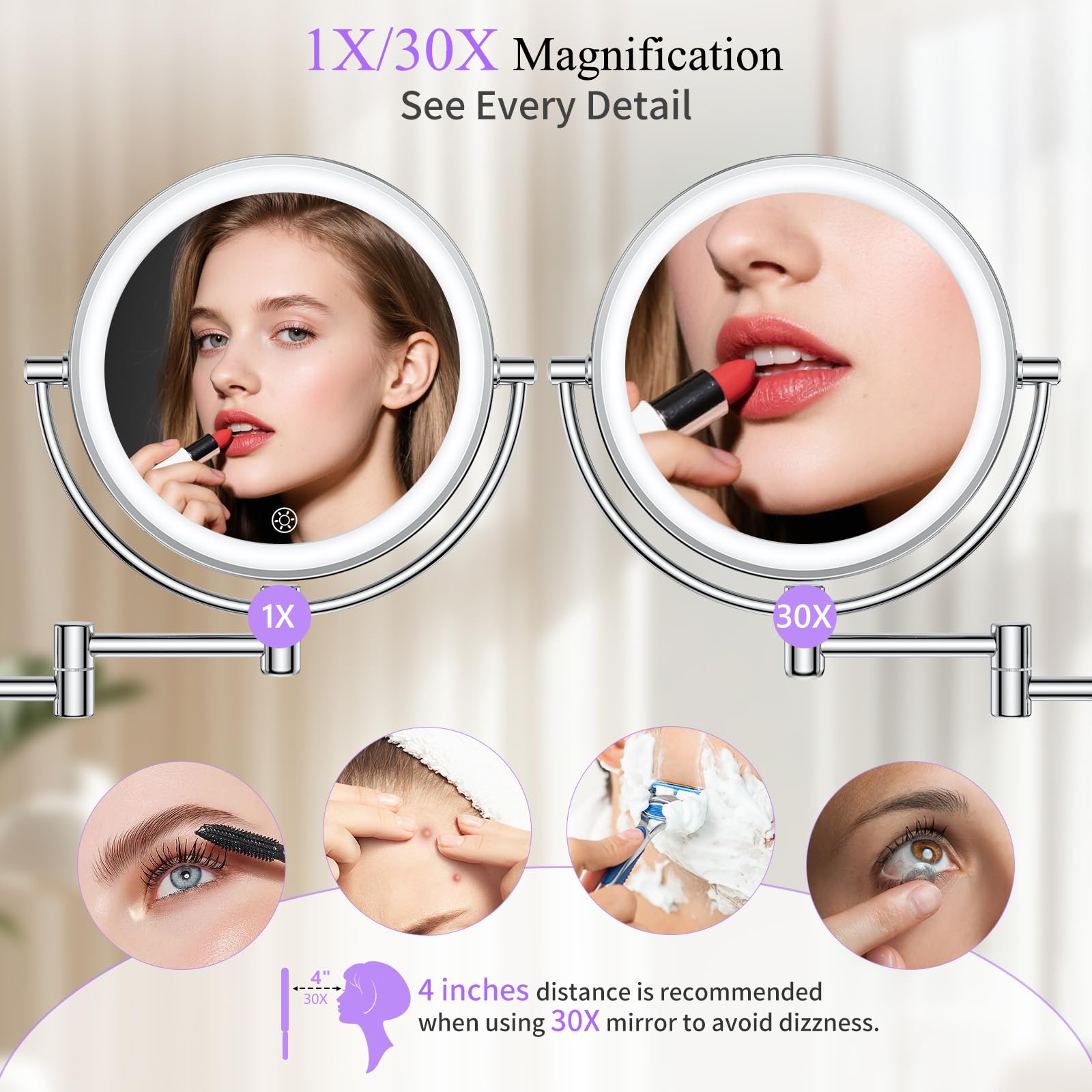FASCINATE Wall Mounted Lighted Makeup Mirror — 30X/1X Magnification, 3 Color Modes, Dimmable, 360° Swivel