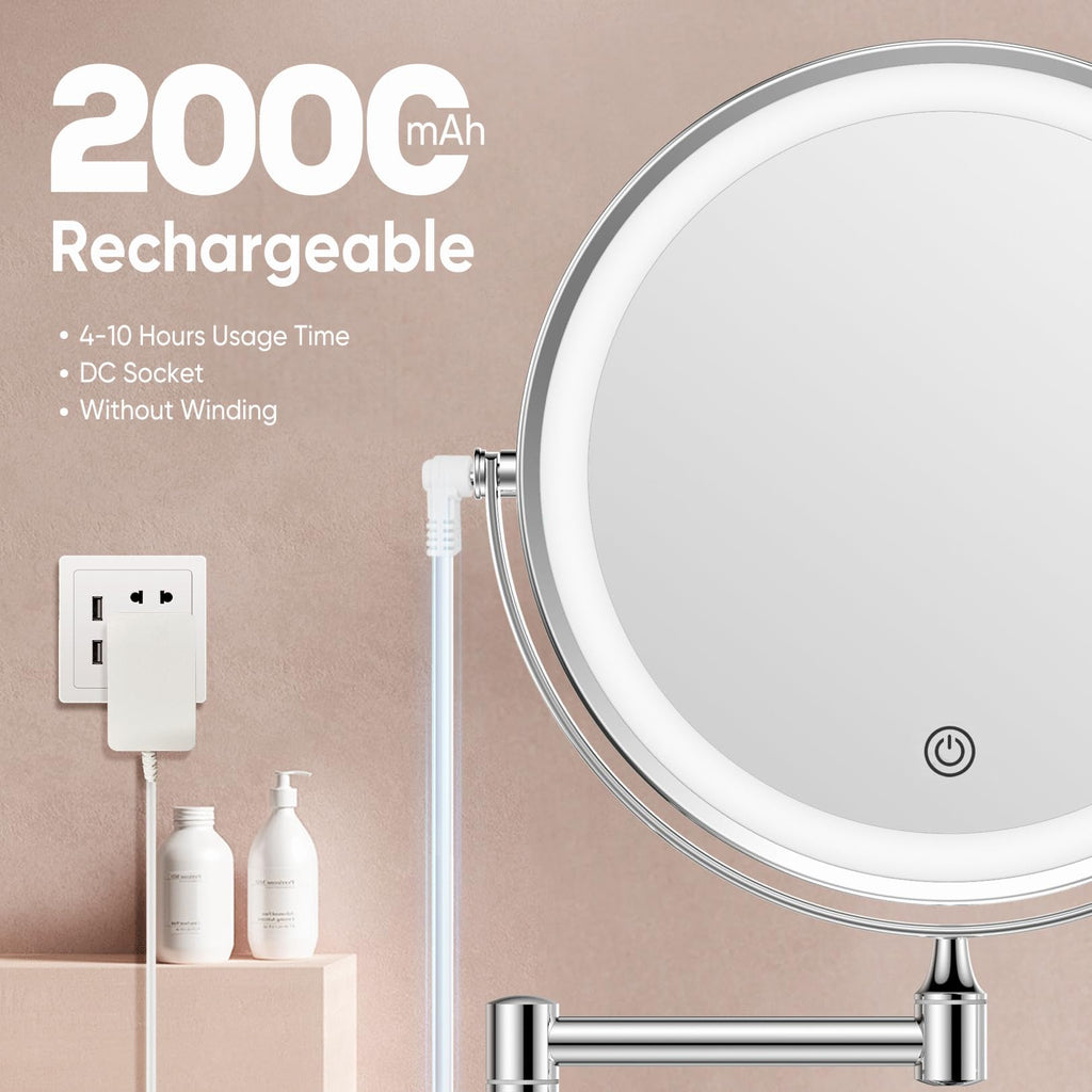 FASCINATE 8-Inch Rechargeable Chrome Wall-Mounted Makeup Mirror | 1X-10X Magnification, 3 Color Lights, 360° Rotation