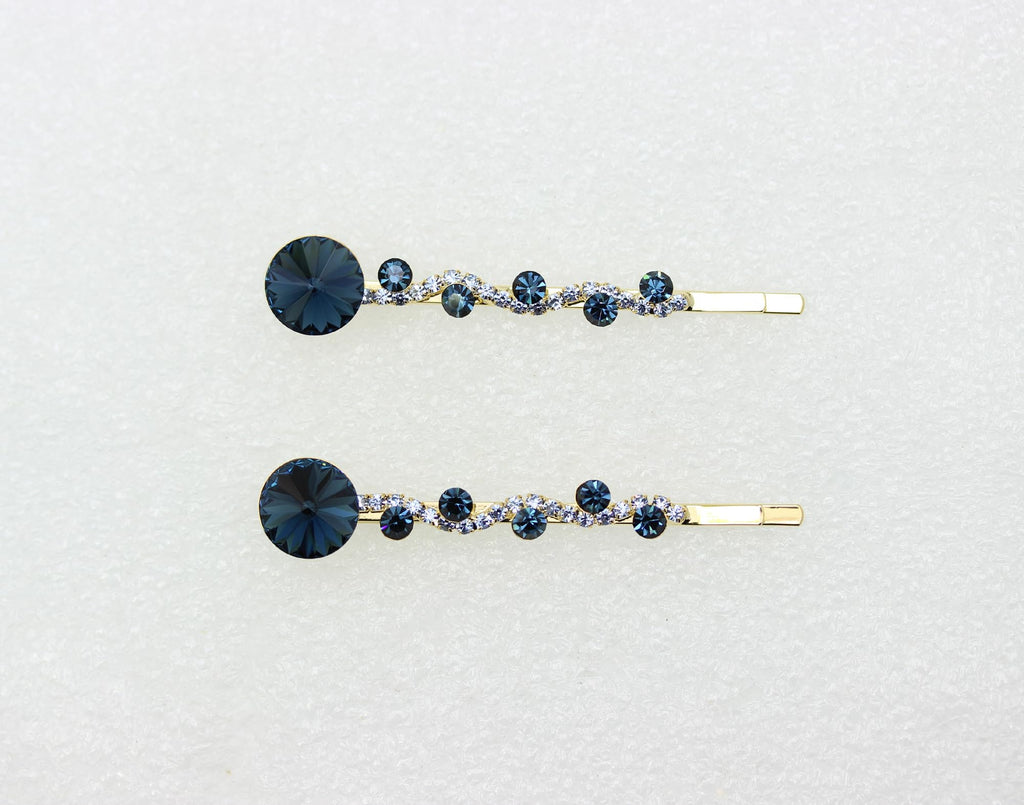 Faship Navy Blue Rhinestone Crystal Floral Hair Clips – Premium 2-Pack