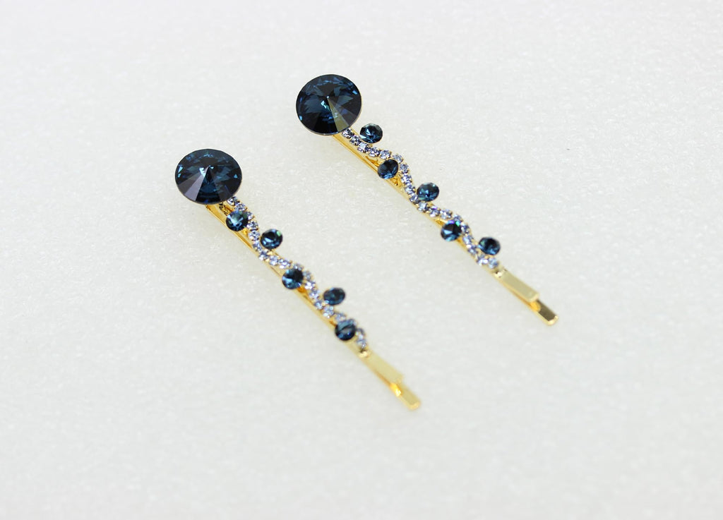 Faship Navy Blue Rhinestone Crystal Floral Hair Clips – Premium 2-Pack
