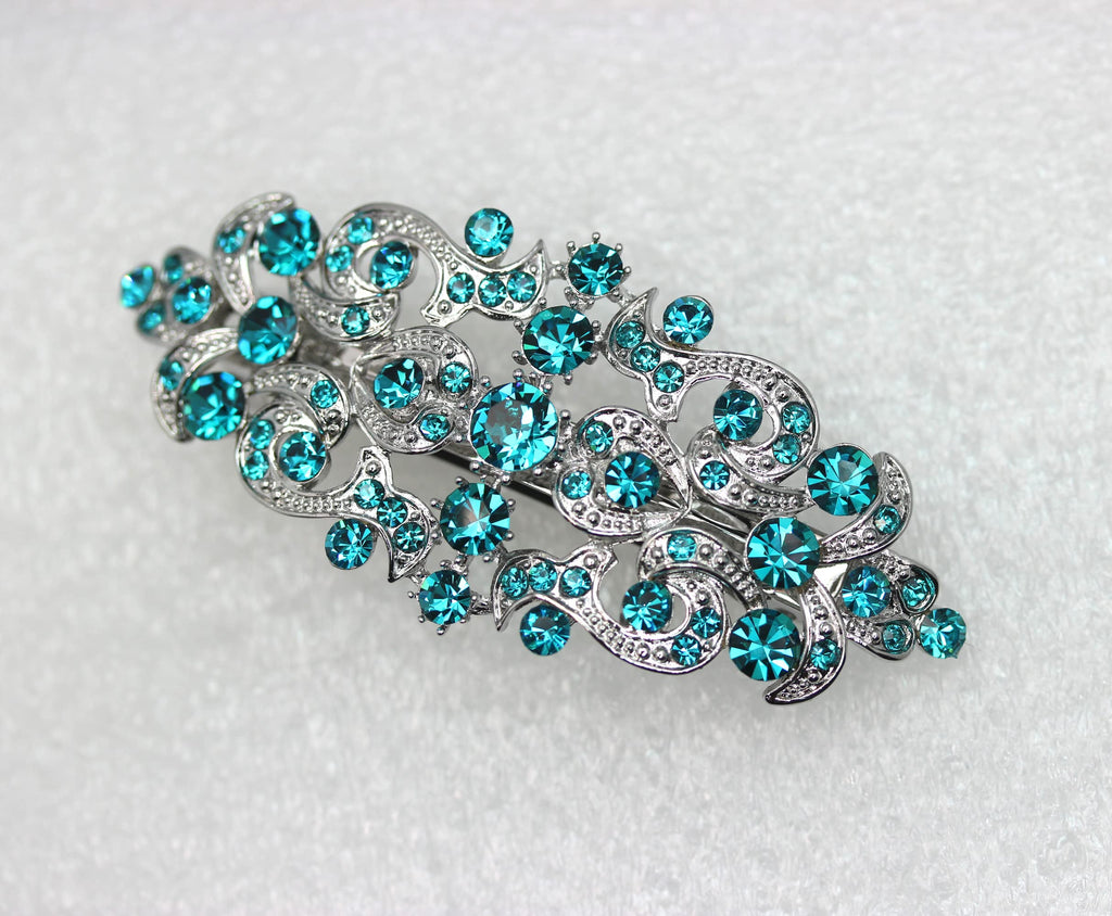 Faship Malibu Blue Teal Rhinestone Floral Hair Barrette Clip