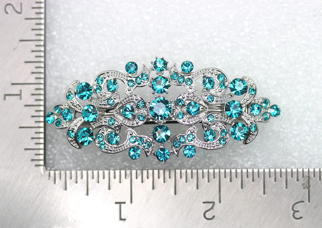 Faship Malibu Blue Teal Rhinestone Floral Hair Barrette Clip
