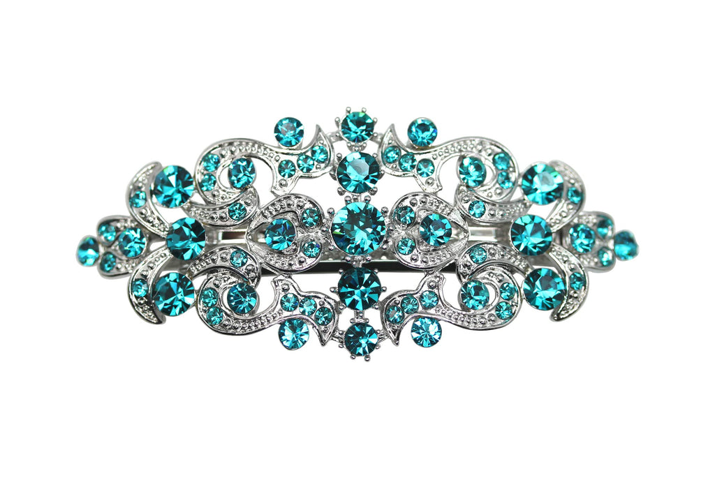 Faship Malibu Blue Teal Rhinestone Floral Hair Barrette Clip