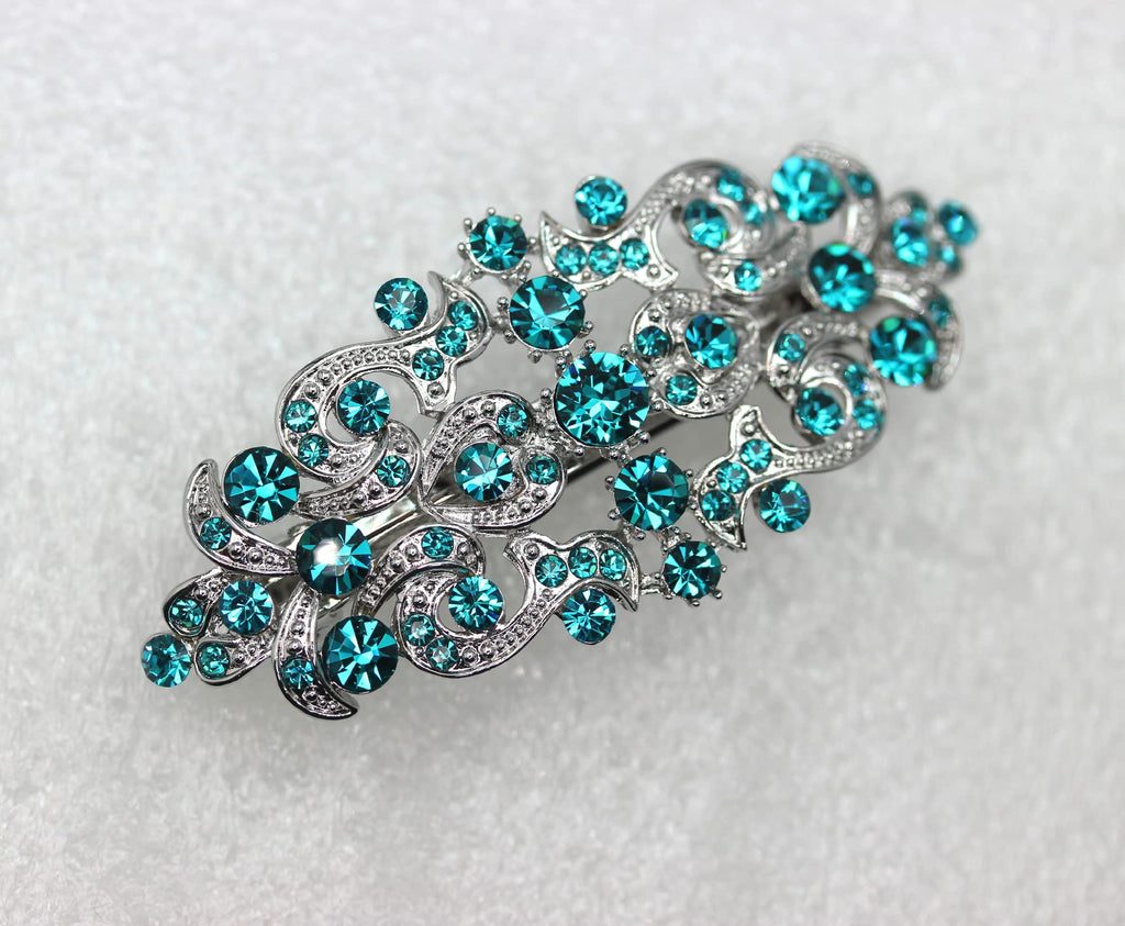 Faship Malibu Blue Teal Rhinestone Floral Hair Barrette Clip