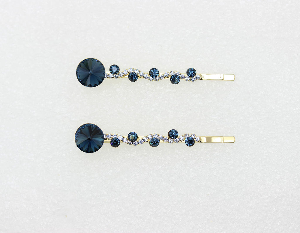 Faship Navy Blue Rhinestone Crystal Floral Hair Clips – Premium 2-Pack
