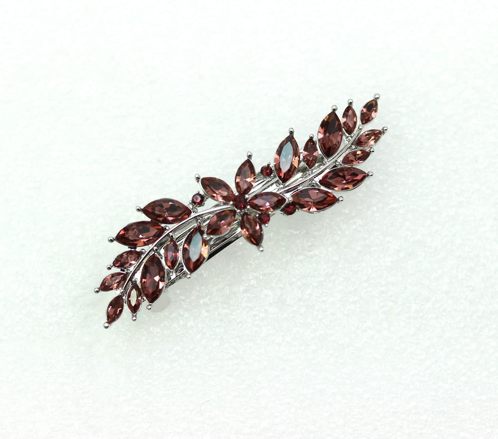 Faship Burgundy Rhinestone Floral Hair Barrette Clip | Crystal Hair Jewelry