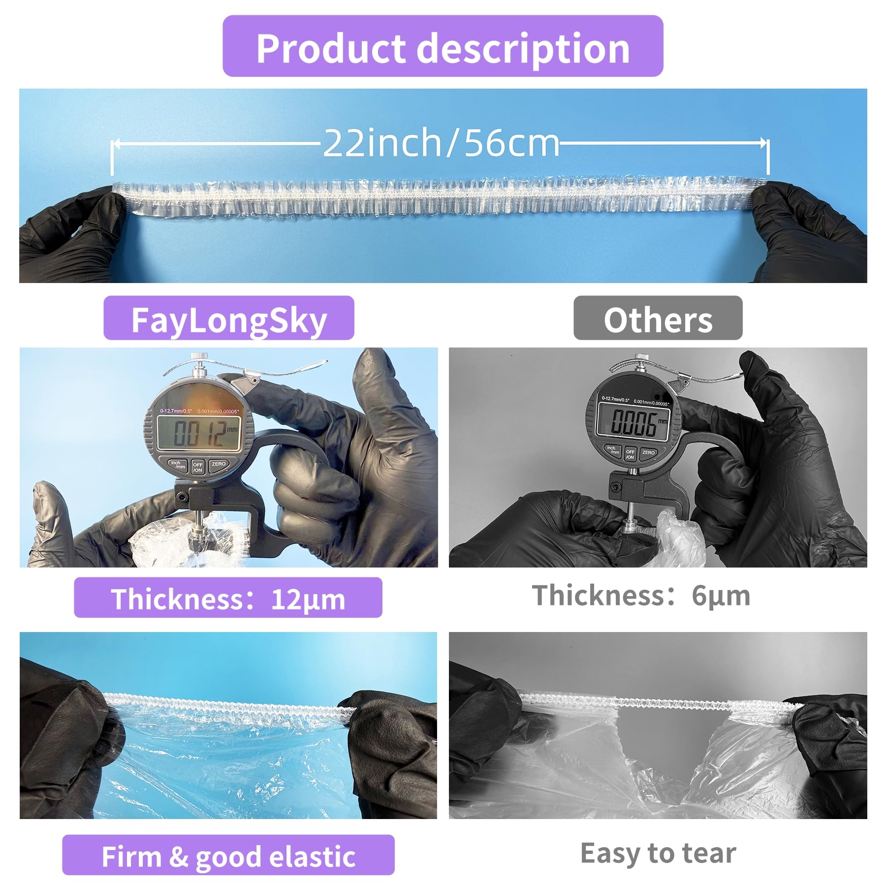 FayLongSky 100Pcs Disposable Shower Caps – Extra Large Clear, Reusable Hair Cap (22 inch)