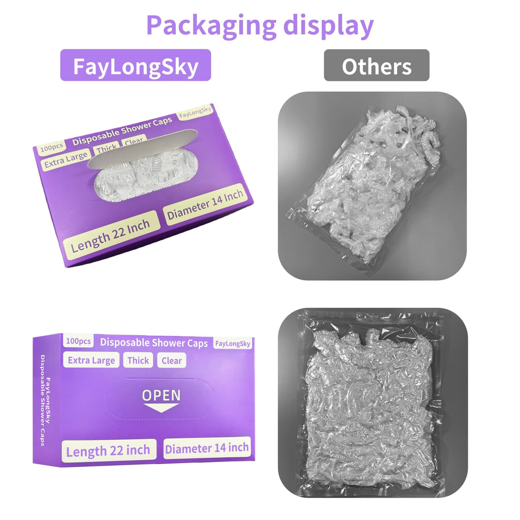 FayLongSky 100Pcs Disposable Shower Caps – Extra Large Clear, Reusable Hair Cap (22 inch)