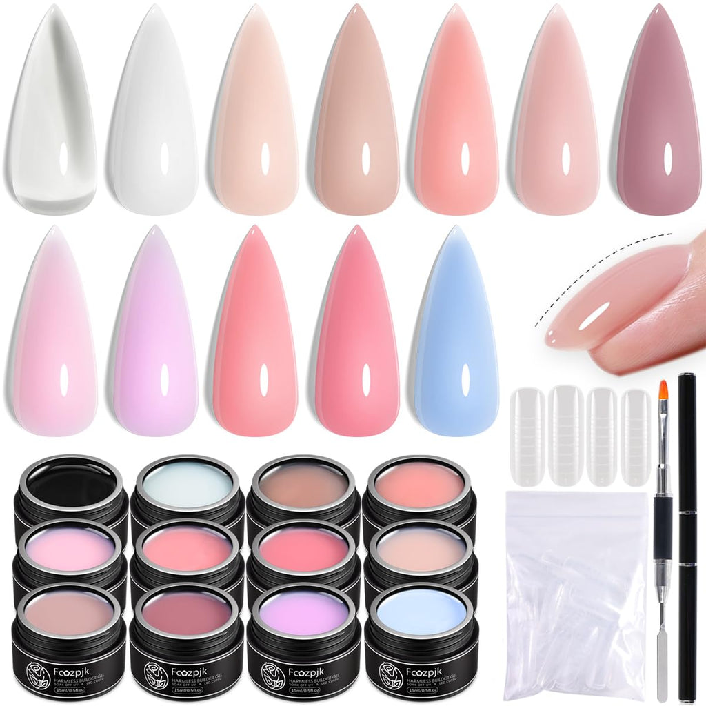 Fcozpjk Builder Gel for Nails - 12 Colors 15ML UV/LED Thickening Kit with Brush Pen & Dual Forms