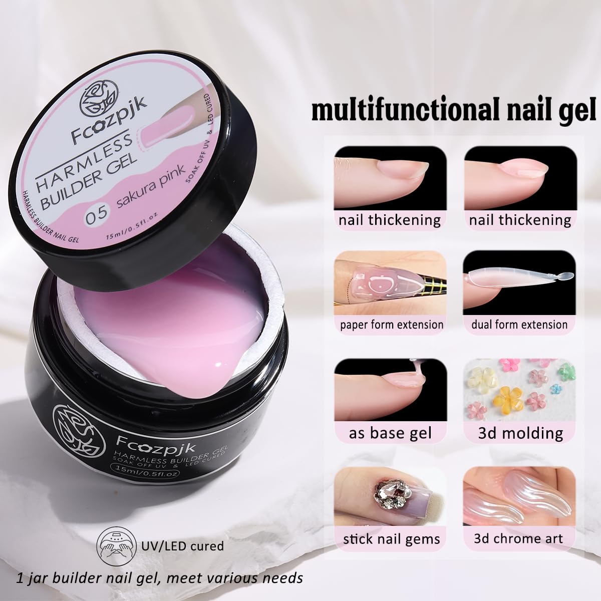 Fcozpjk Builder Gel for Nails - 12 Colors 15ML UV/LED Thickening Kit with Brush Pen & Dual Forms