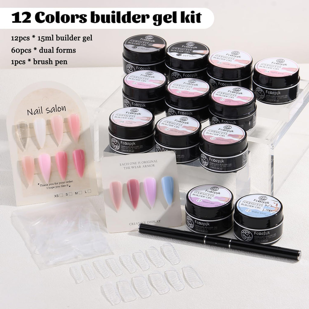 Fcozpjk Builder Gel for Nails - 12 Colors 15ML UV/LED Thickening Kit with Brush Pen & Dual Forms