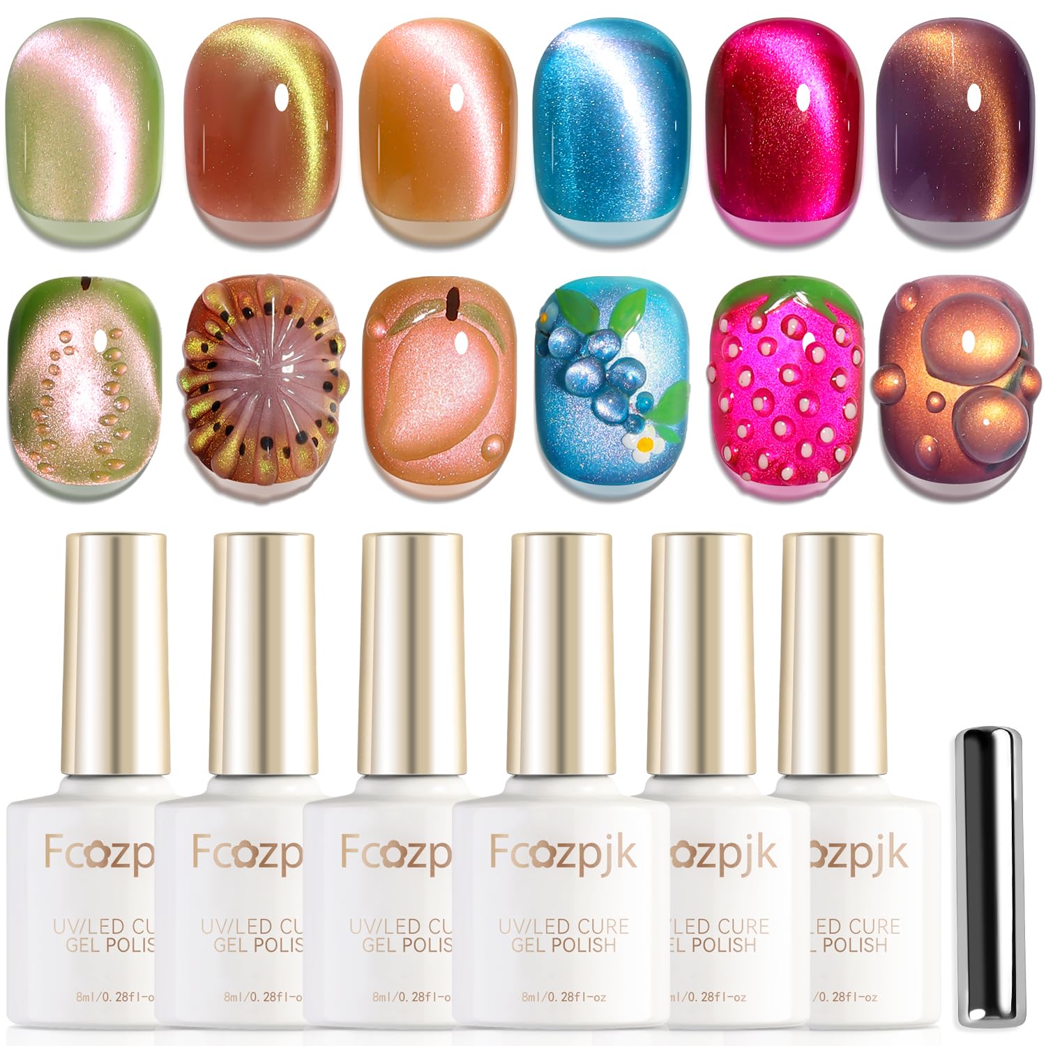 Fcozpjk Cat Eye Gel Nail Polish Set with Magnet Stick – 6 Polishes + Magnet, 8ml Each