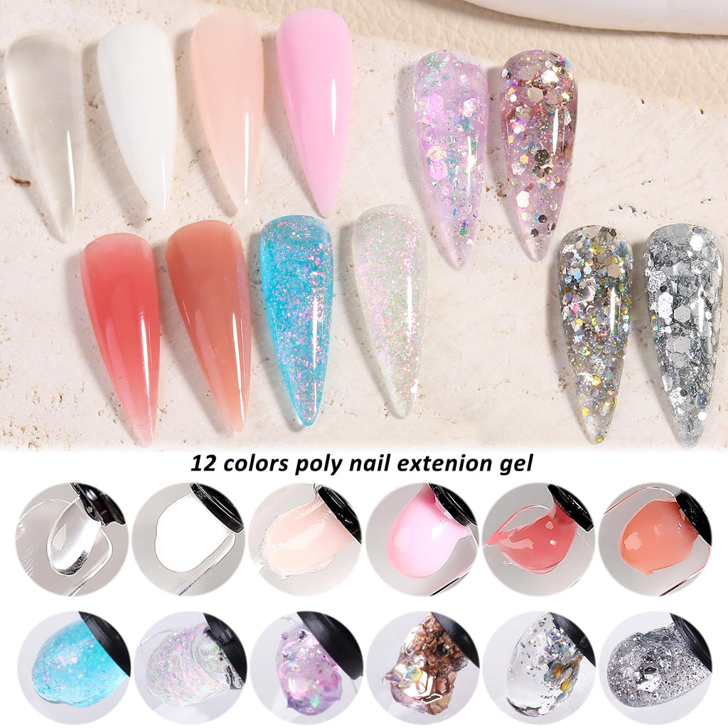 Fcozpjk Poly Nail Gel Kit with UV Light | 12 Colors Starter Set for Beginners
