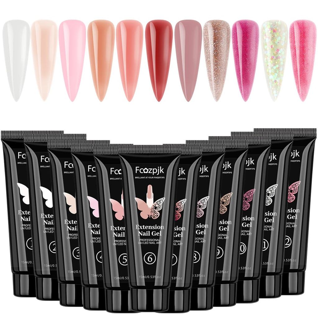 Fcozpjk 12-Color Poly Gel Kit – Clear, White, Nude Pink & Glitter Builder Gel for Quick Nail Extensions