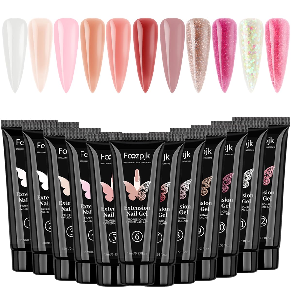 Fcozpjk 12-Color Poly Gel Kit – Clear, White, Nude Pink & Glitter Builder Gel for Quick Nail Extensions