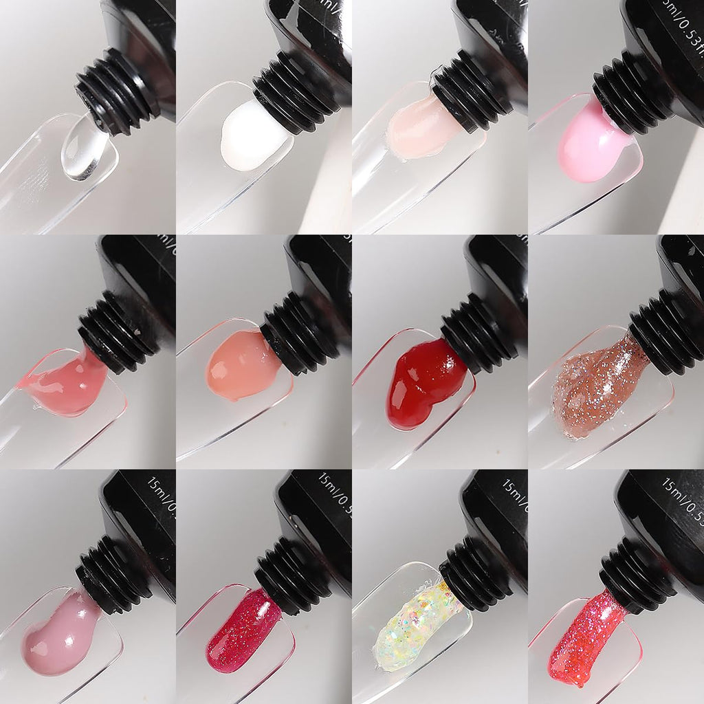 Fcozpjk 12-Color Poly Gel Kit – Clear, White, Nude Pink & Glitter Builder Gel for Quick Nail Extensions