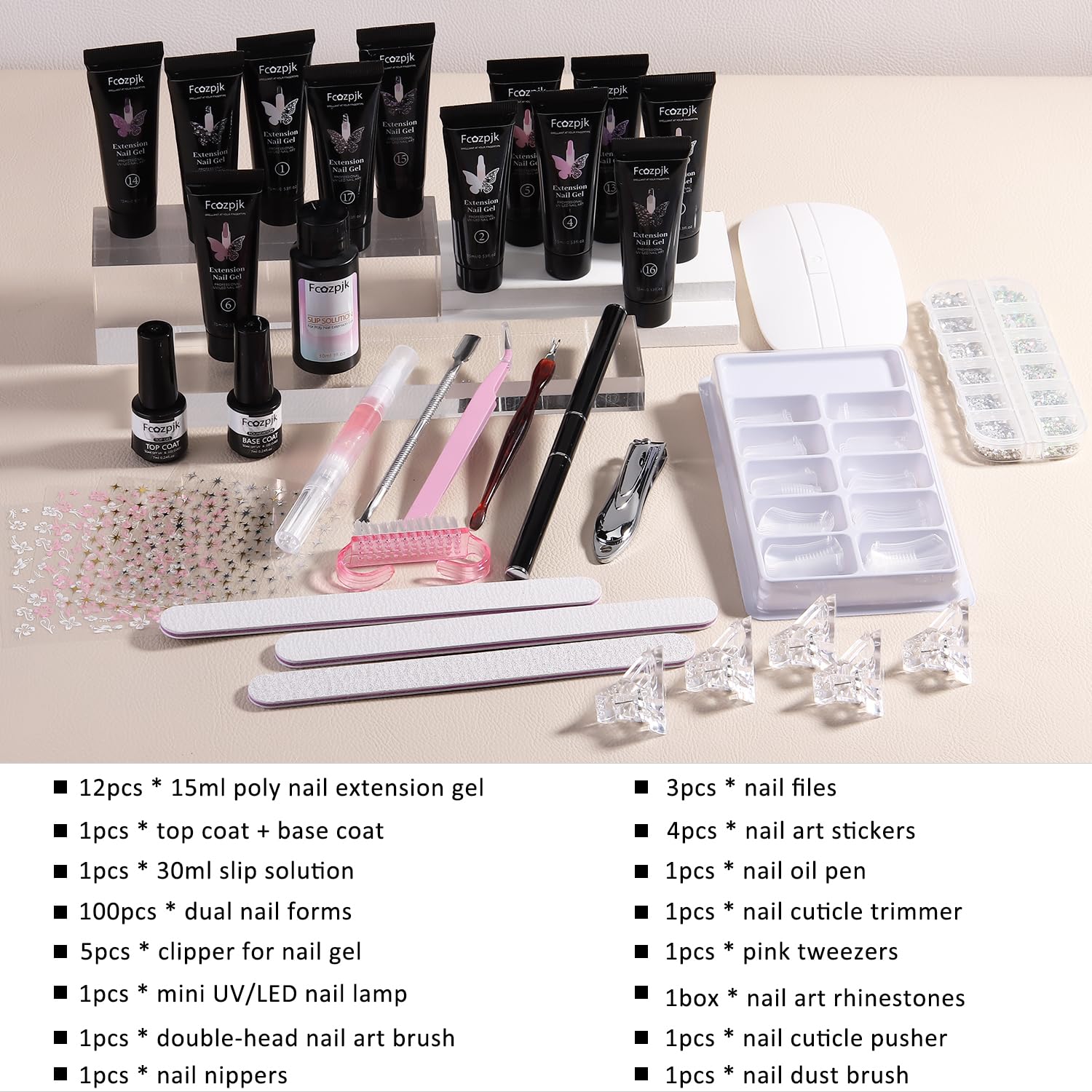 Fcozpjk Poly Nail Gel Kit with UV Light | 12 Colors Starter Set for Beginners
