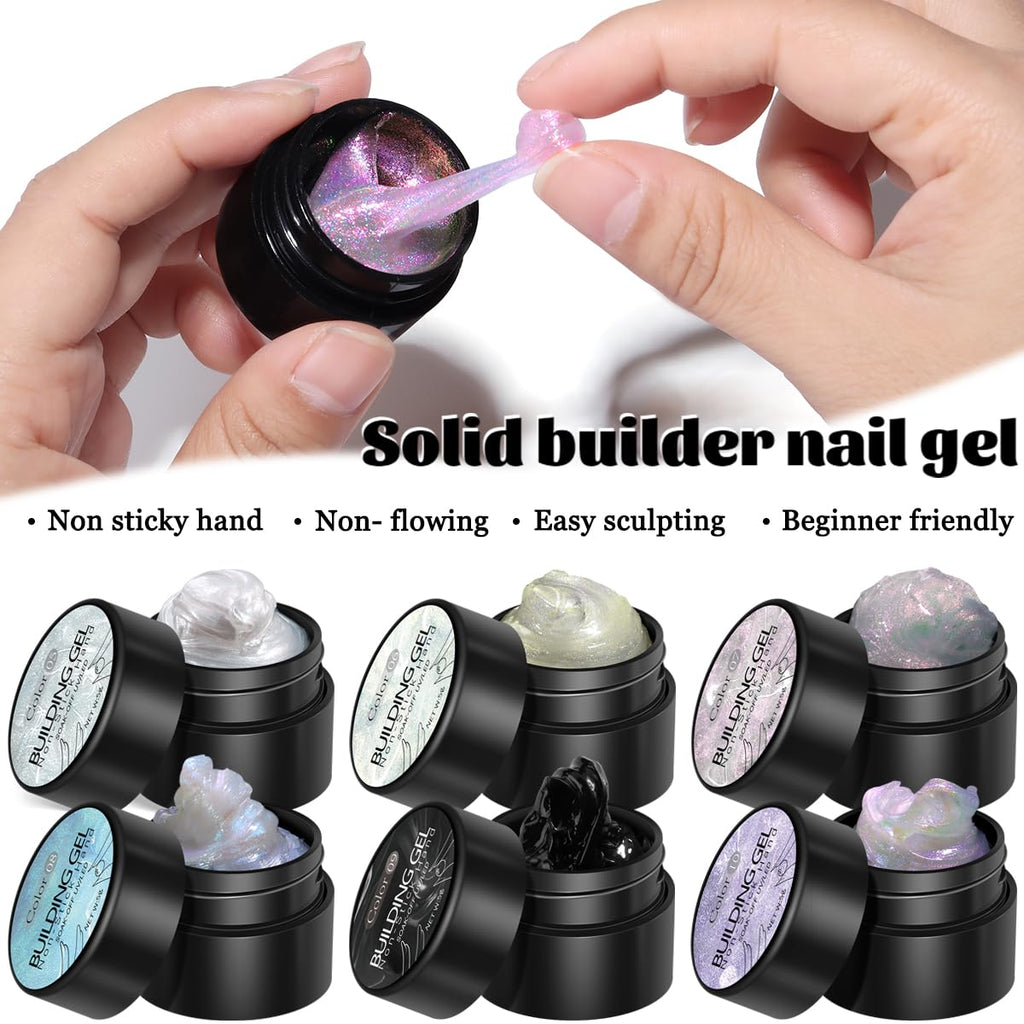 Fcozpjk Solid Builder Gel Kit – 6 Colors, Non-Stick 3D Nail Art Starter with Silicone Carving Pen